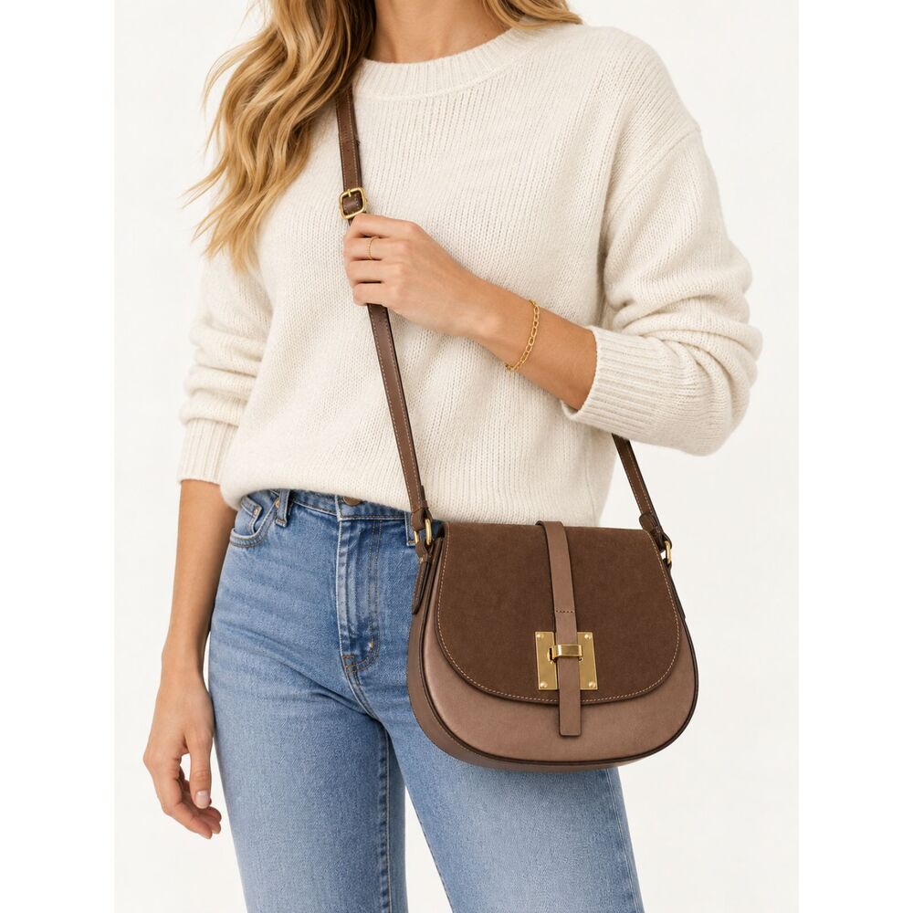 Italian Leather Suede Crossbody Bag Brown Bronze Gold Saddle Made in Italy